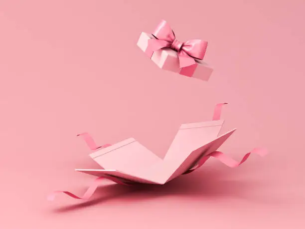 Photo of Blank sweet pink pastel color present box or open gift box with pink ribbon and bow isolated on pink background with shadow minimal concept