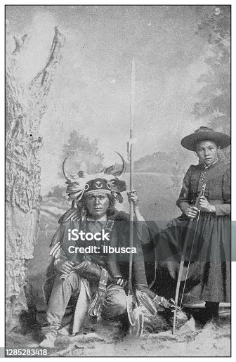 istock Antique black and white photo of the United States: Navajo war-chief and daughter 1285283418