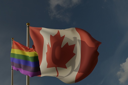 LGBT flag and flag of Canada on a pole waving in the wind together representing rights and pride. 3D rendering.