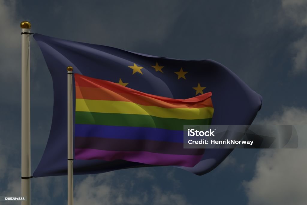 LGBT flag and European Union flag on a pole waving in the wind together representing rights and pride. LGBT flag and European Union flag on a pole waving in the wind together representing rights and pride. 3D rendering. European Union Flag Stock Photo