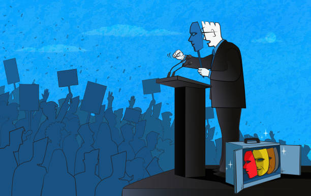 Politician and Masks Politician holding a mask in front of his face speaking to a large crowd of people. (Used clipping mask) hypocrisy stock illustrations