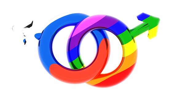 Male gender symbol wedding rings mix Russian flag and LGBT pride colors representing rights movement for same sex marriage in the USA. 3D rendering on white background.