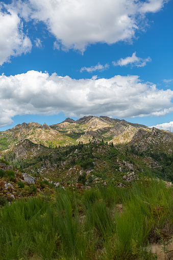 View at the mountains with fields and granitic rocks, on Caramulo mountains, in Portugal