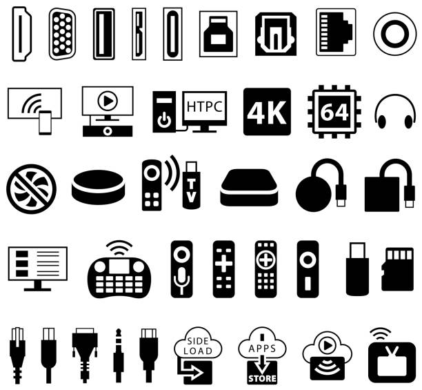 TV Streaming Boxes and Media Player Icons Single color isolated icons of tv media player and streaming devices cable tv stock illustrations