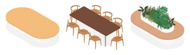 ilustraciones, imágenes clip art, dibujos animados e iconos de stock de conjunto de tablas isométricas - dining table illustrations