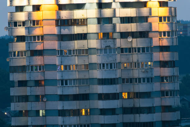 Old Soviet tower house. Sunset in Minsk. Belarus