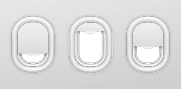 istock Airplane windows. Aircraft interior with transparent portholes. Realistic airplanes illuminators vector isolated set 1285292503