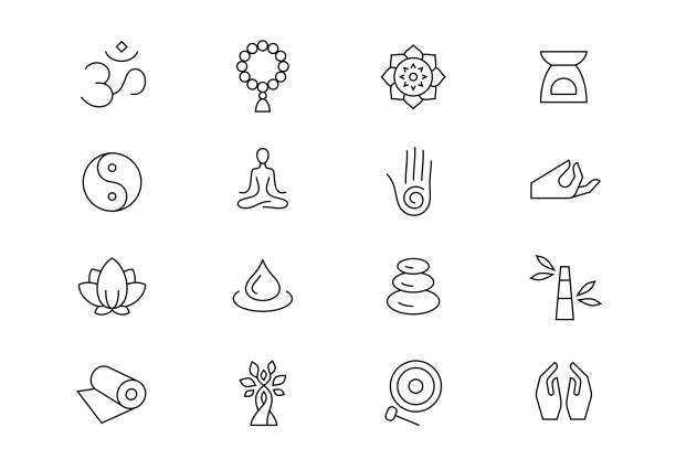 Meditation and yoga retreat thin line vector icons. Editable stroke Retreat vector icon set mantra stock illustrations