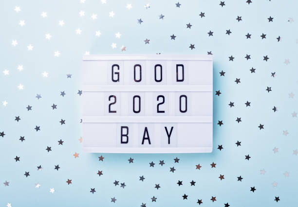 istock Lightbox with text GOOD BYE 2020 on blue background. Top view. New year celebration. Happy New Year 2021 concepts 1285293031