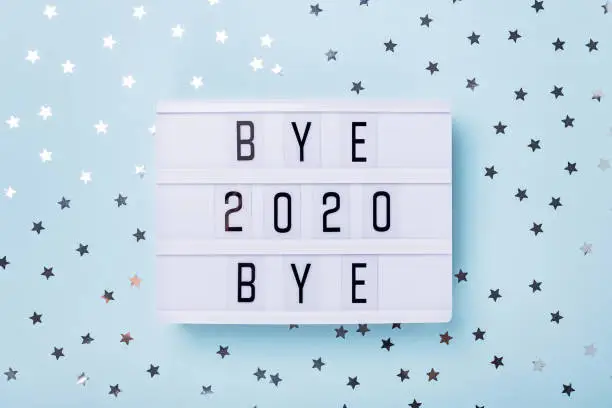 Lightbox with text BYE BYE 2020 on blue background. Top view. New year celebration. Happy New Year 2021 concepts - Image