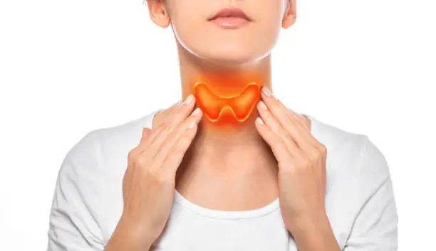 Photo of Woman showing painted thyroid gland on her neck. Enlarged butterfly-shaped thyroid gland, isolated on white background