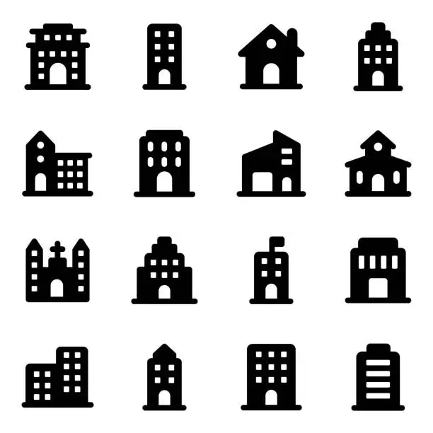 Vector illustration of Pack of Buildings Solid Icons