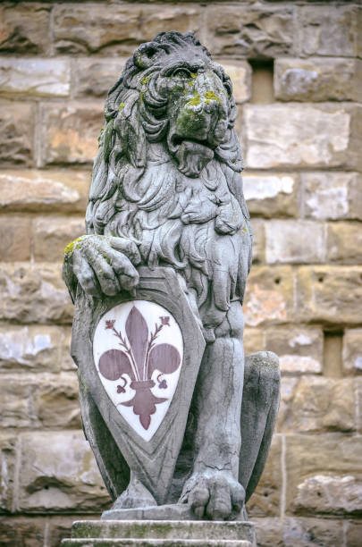 magnífica escultura simbólica de león con flor de lirio en florencia - piazza della signoria fotografías e imágenes de stock