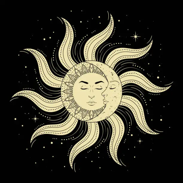 Vector illustration of Sun and moon with man and woman faces on black background, vintage mystic symbol art. Vector illustration
