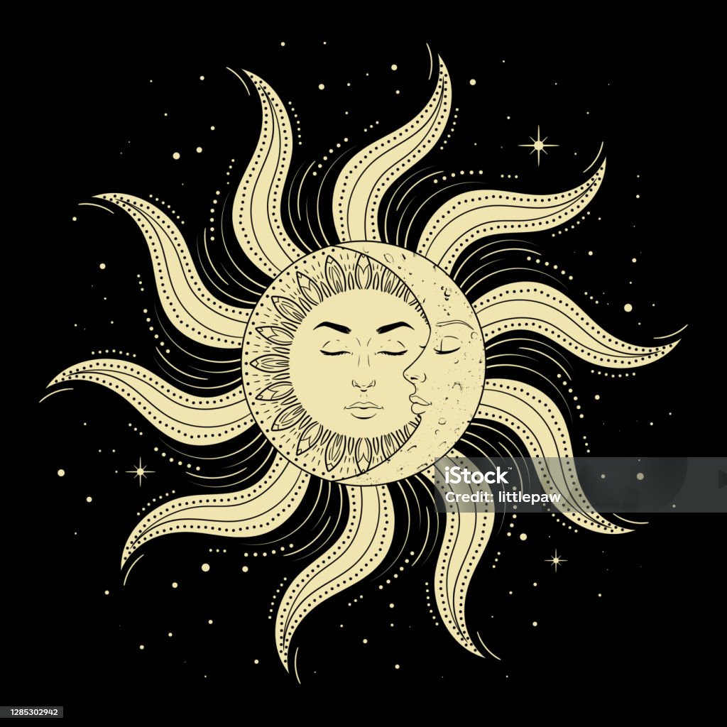 Mặt Trời Và Mặt Trăng Với Khuôn Mặt Đàn Ông Và Phụ Nữ Trên Nền Đen ...