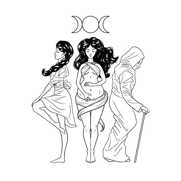 три фигуры женщины, символ тройной богини, как дева, мать и крона, фазы луны. хекейт, мифология, викка, колдовство. иллюстрация вектора - human pregnancy earth globe mother stock illustrations
