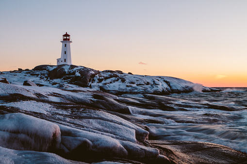 Snow covered rocks at Peggy's Cove