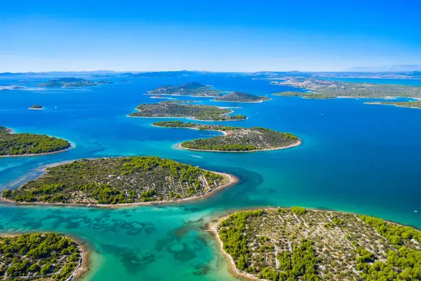Photo of Islands in Murter archipelago, aerial view of turquoise bays from drone, Dalmatia, Croatia
