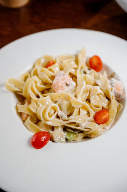 istock Plate with delicious Chicken Alfredo on table 1285306965