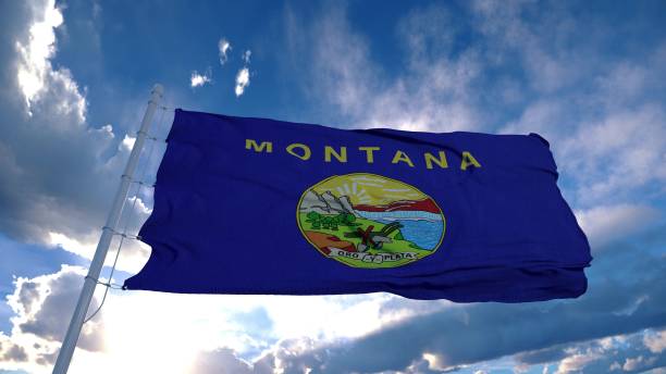 istock Montana flag on a flagpole waving in the wind, blue sky background. 3d rendering 1285308187