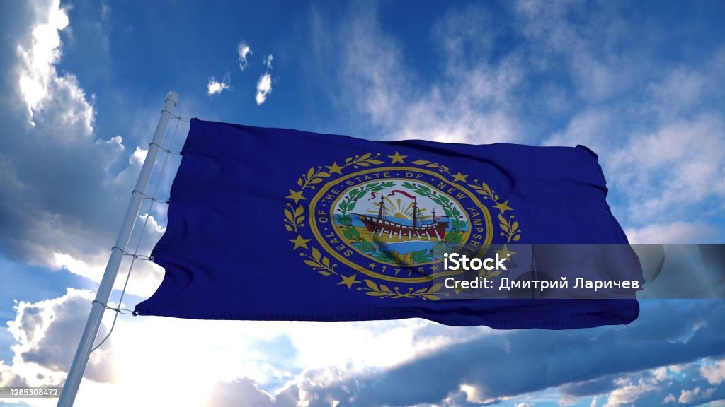 New Hampshire flag on a flagpole waving in the wind, blue sky background. 3d rendering New Hampshire flag on a flagpole waving in the wind, blue sky background. 3d rendering. Claremont - California Stock Photo