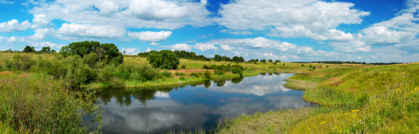 istock Summer landscape with calm river and beautiful clouds in blue sky 1285310078