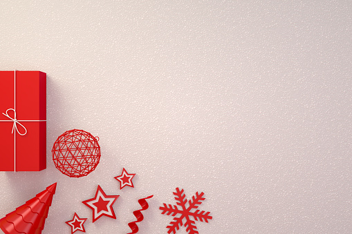 New year, white snow background, red and white colors,  3d rendering Christmas and new year ornaments.