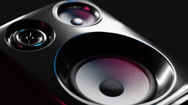 High fidelity loudspeaker on black background. Close up. Digital 3D render.