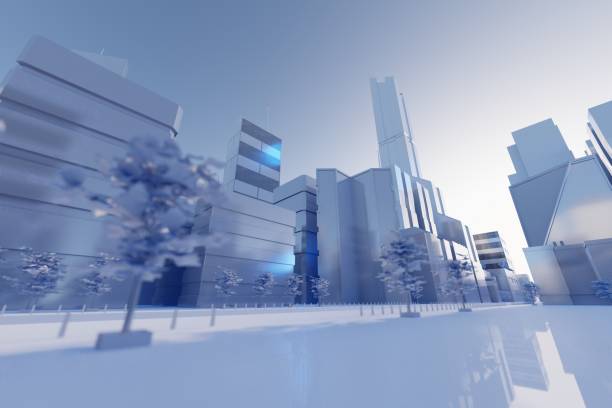 Clean futuristic city street with white, clean aesthetic. Digital 3D render. Clean futuristic city street with white, clean aesthetic. Digital 3D render. 3d city street stock pictures, royalty-free photos & images