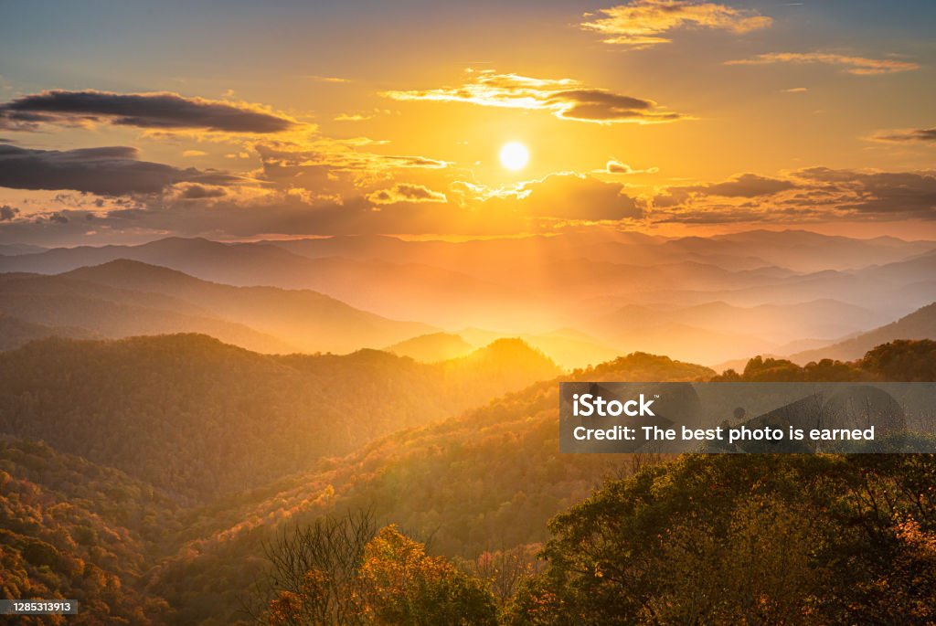 Sunset On The Blue Ridge Parkway The Blue Ridge Parkway an immensely popular destination. Sunrise - Dawn Stock Photo