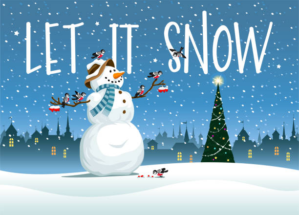 illustrazioni stock, clip art, cartoni animati e icone di tendenza di pupazzo di neve con uccelli e paesaggio urbano - christmas tree christmas blue night