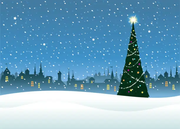 Vector illustration of Christmas tree and cityscape