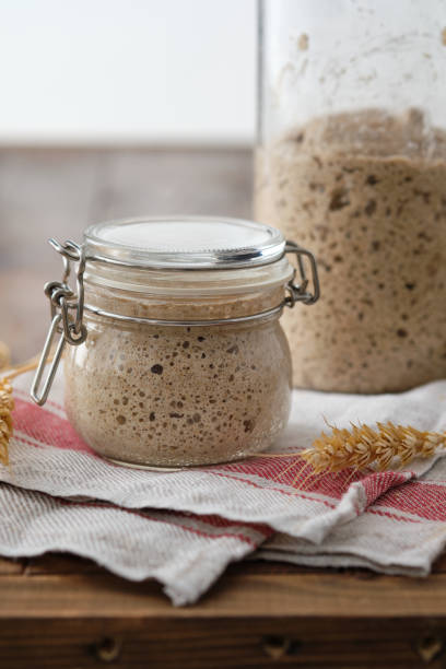 Active rye sourdough starter in a jar. Copy space. Active rye sourdough starter in a jar. yeast starter stock pictures, royalty-free photos & images