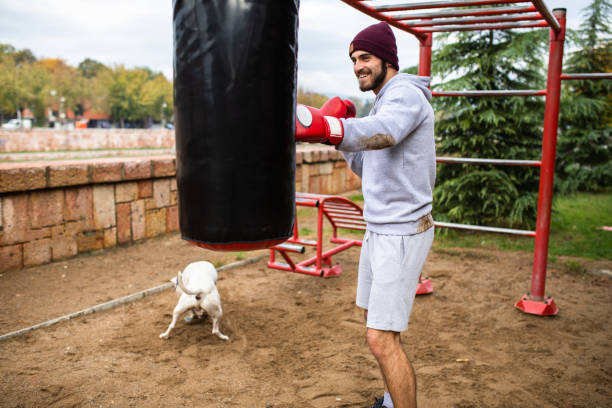 un jeune homme attrayant travaillant dehors avec son crabot - men sweat combative sport boxing photos et images de collection