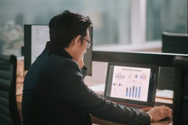 Photo of asian chinese mid adult man looking at laptop with graph chart at his work place stress