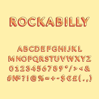 Rockabilly vintage 3d vector alphabet set. Retro bold font, typeface. Pop art stylized lettering. Old school style letters, numbers, symbols pack. 90s, 80s creative typeset design template