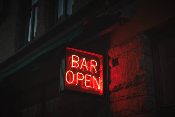 Neon Sign board, BAR OPEN Neon Sign board, BAR OPEN bar exterior stock pictures, royalty-free photos & images