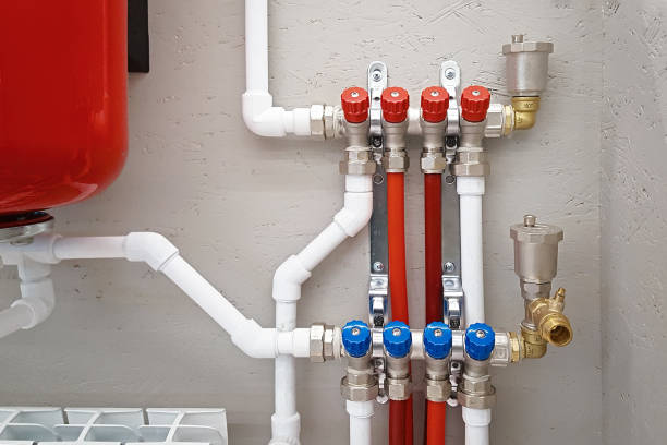 Main control manifold of house heating system Independent heating system in boiler room at home.
