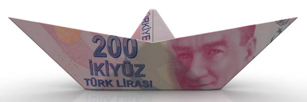 Paper boat from Turkey's banknote Paper boat made from banknote of Turkish Lira on white surface. 3D illustration making money origami stock pictures, royalty-free photos & images