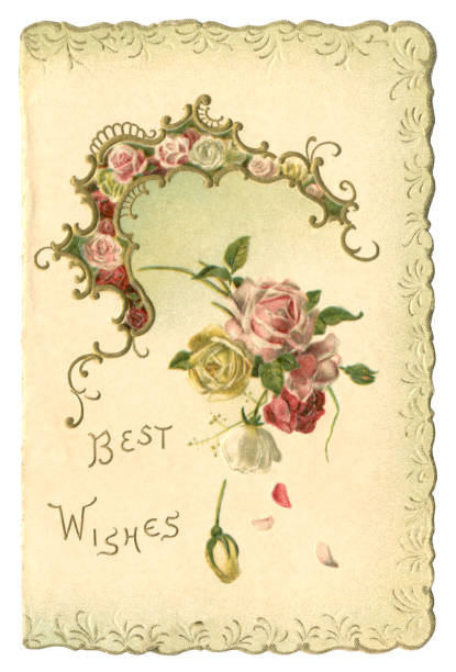 Victorian 'Best Wishes' card with scalloped edge, 1899 A folded Victorian greetings card, dated “Xmas 1899” inside, with “Best Wishes” and sprays of roses on the front, with an embossed, scalloped edge. Inside, the card reads “With every GOOD WISH for a happy CHRISTMAS” but it could be used for any occasion as the Christmas greeting is not visible on the front. over the hill birthday stock illustrations