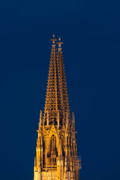 détail de la pointe de la tour nord de la cathédrale de ratisbonne la nuit - überblick photos et images de collection