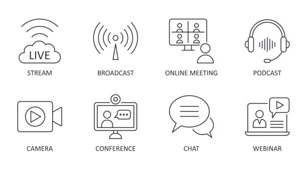 Vector illustration of Vector live streaming icons. Set is editable stroke. Stream broadcast online meeting zoom. Podcast headphones camera internet conference chat recording a webinar