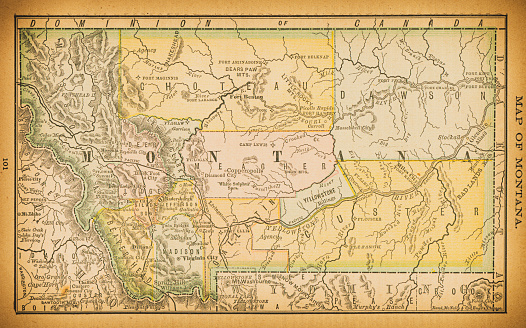 19th century map of Montana. Published in New Dollar Atlas of the United States and Dominion of Canada. (Rand McNally & Co's, Chicago, 1884).