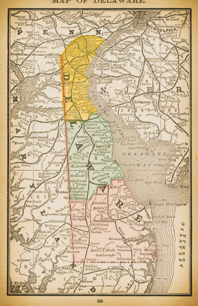 19th century map of Delaware 19th century map of Delaware. Published in New Dollar Atlas of the United States and Dominion of Canada. (Rand McNally & Co's, Chicago, 1884). historical geopolitical location stock illustrations