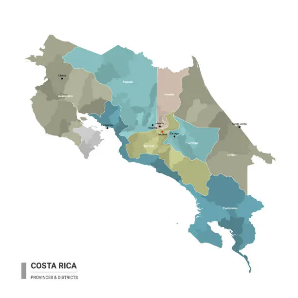 Vector illustration of Costa Rica higt detailed map with subdivisions. Administrative map of Costa Rica with districts and cities name, colored by states and administrative districts. Vector illustration.