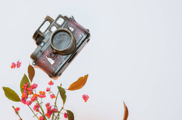 istock Autumn creative concept   with flowers leaves and camera isolated on white background . Flat lay, top view, copy space 1285336660