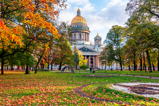 St. Isaac's Cathedral and Alexander garden in autumn, Saint Petersburg, Russia
