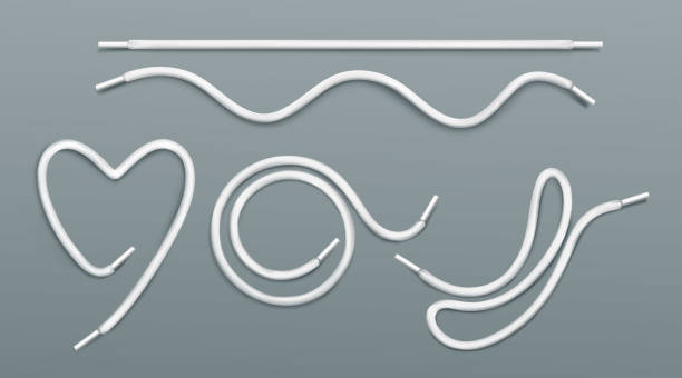 Shoe laces of heart, string, round and wavy shapes Shoe laces of heart, string, round and wavy shapes, footgear accessories, white shoelaces with eglets mockup, white ropes, decorative elements isolated on grey background, Realistic 3d vector set shoe design template stock illustrations