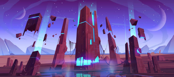 Alien planet surface, futuristic cosmic landscape Alien planet surface, futuristic landscape, space background with glowing and flying rocks, two moons in dusk starry sky. Scientific discovery, fantasy computer game scene, cartoon vector illustration alien planet stock illustrations