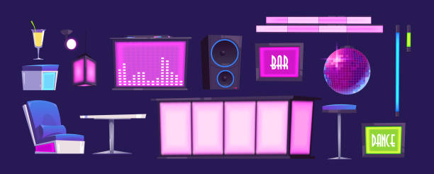Bar or night club furniture and stuff isolated set Bar or night club furniture and stuff set. Stage, cocktail, counter desk, table, armchair, high stool and dynamics, glowing lamps, stroboscope. Interior design elements. Cartoon vector isolated icons indoors bar restaurant sofa stock illustrations